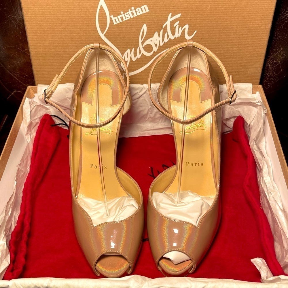 Christian Louboutin RoundChick Alta 120 Iridescent patent nude peeptoe pump EU39 - Picture 3 of 11